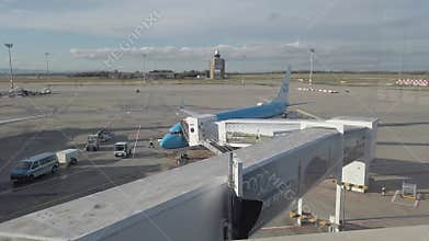 Hungary Budapest commercial planes loading and park at the international airport