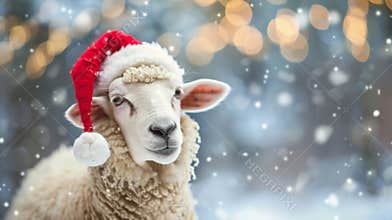 Adorable Sheep Wearing a Santa Hat in a Wintry Christmas Scene