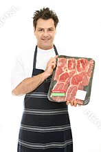 Butcher with tray of steak
