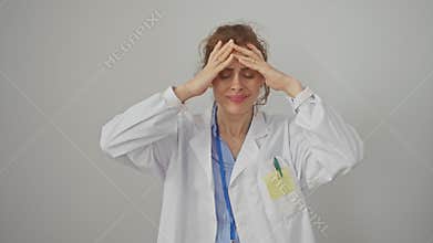 Stressed young caucasian woman, donning a white doctor\'s coat, suffering migraine-induced headache. hands on aching head. isolate