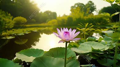 A serene garden scene with lotus blossoms floating peacefully in a tranquil pond surrounded by lush greenery..