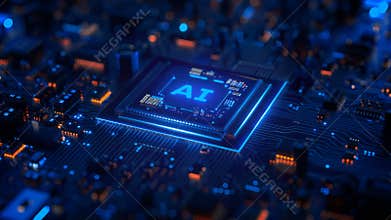 Futuristic AI chip glowing in blue on semiconductor circuit board