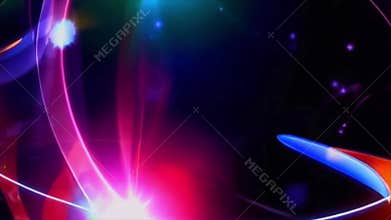 Dynamic multicolored light streaks and flares moving against dark backdrop. Vibrant neon colors blue pink green purple