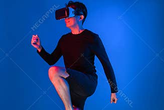 Smart sportman player wearing VR stretching whole body posing. Contrivance.