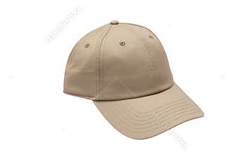 Angle view of beige baseball caps mockup isolated on white background, with space for your logo or design. Mock-up for branding