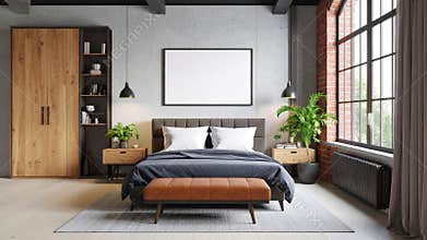Modern bedroom interior with bed, furniture, blank picture frame, and large window.