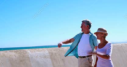 Active seniors going for walk by the sea