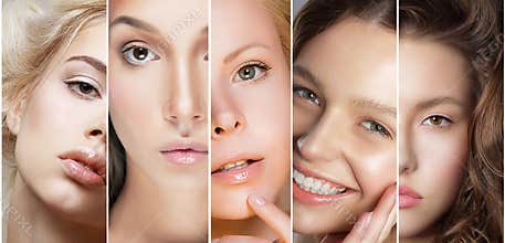 Beauty Collage. Set of Women's Faces with Different Make Up