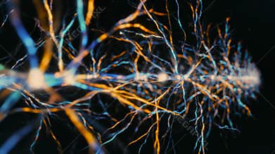 electric axon fibers transmitting rapid neural signals, extreme closeup with