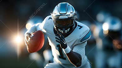 Quarterback running with football under stadium lights, intense motion and determination