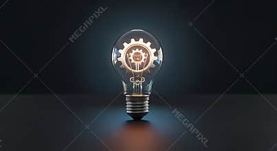 Glowing light bulb with gear inside on dark background
