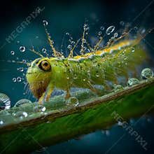 A magnifying glass captures orange and green caterpillars crawling on kale leaves, providing a detailed image
