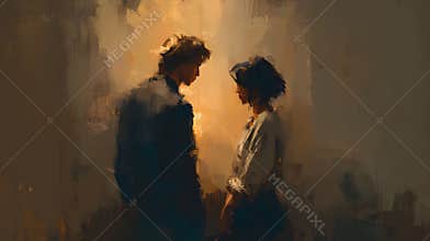 Romantic painterly portrait of two people facing each other in warm light