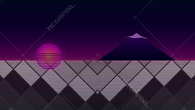 Retro Synthwave Landscape with Pink Sun Setting