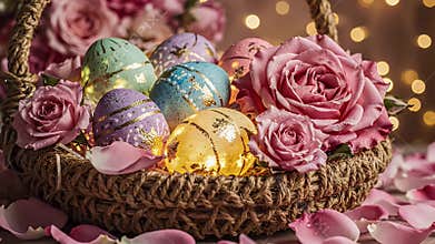 Vibrant Easter Basket Display Filled with Colorful Eggs and Blushing Roses in Soft Evening Lights