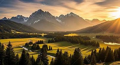 Golden sunset over a vast alpine valley with winding river and pine forest mountain