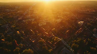 Aerial cityscape view at golden hour sunset