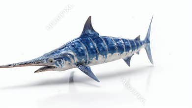 Majestic Blue Marlin Swimming on White Background, A Stunning Aquatic Creature Illustration