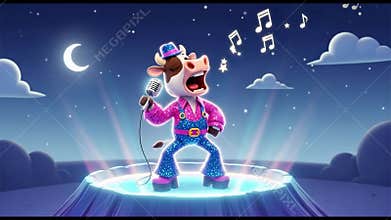 Animated Cow Sings Disco Hit on Stage Under Moonlight with Musical Notes