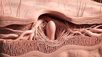 Anatomical Close-Up of a Light Pink Skin Section Displaying the Hair Follicle, Sebaceous Gland and Dermis Layers in a Detailed