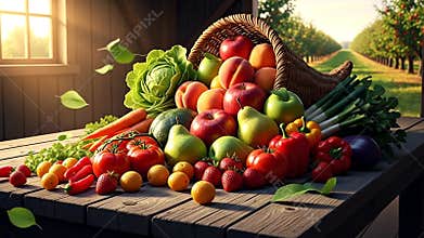 Abundant Cornucopia Overflowing With Fresh Harvest Fruits And Vegetables On Wooden Table With Orchard Background