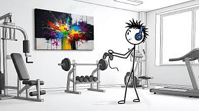 Animated Stick Figure Doing Bicep Curls with Dumbbell in White Home Gym Surrounded by Exercise Equipment in Front of a Colorful