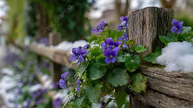Delicate purple violets bloom through lingering snow on a rustic wooden fence