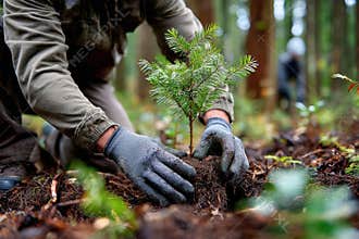Individuals planting young trees in a forest during a community reforestation effort