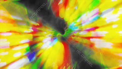 Abstract, blurred shapes blend hues of yellow, green, blue, red, and dark shades