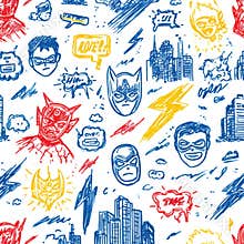 Seamless Doodle Pattern of Superheroes With Masks, City Skylines, and Comic Speech Bubbles in Bright Colors for Boys