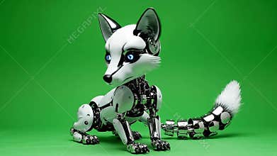 Cute Robotic Fox Sitting Calmly on Green Screen Background Isolated for Advertisement and Technology Education