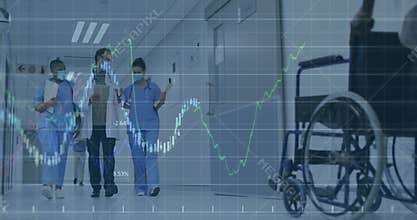 Doctor and two nurses walking hospital corridor, showing translucent financial chart overlay