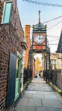 A view along the city walls north towards the Eastgate in the city of Chester