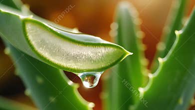 Fresh Aloe Vera Leaf with Clear Gel Dripping Slowly for Skincare