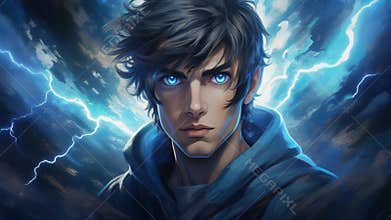 Storm Touched Hero with Electric Blue Eyes and Lightning Energy Bolts in Cinematic Dark Fantasy Sky Background