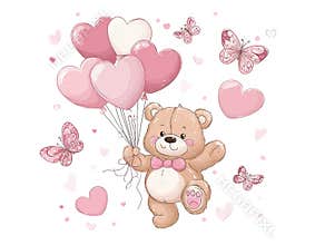 A pastel illustration of a cute teddy bear, holding three pink heart-shaped balloons and accompanied by butterflies Its set