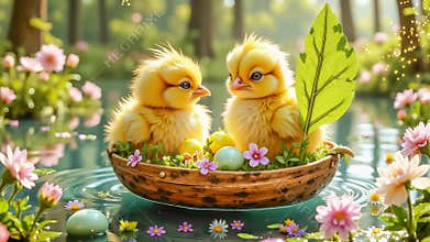 Easter chicks float in a nutshell boat decorated with violets. Flowers surround them, colorful Easter eggs float, and gold flakes.