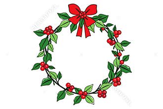 Green circular wreath with holly leaves and berries in traditional style