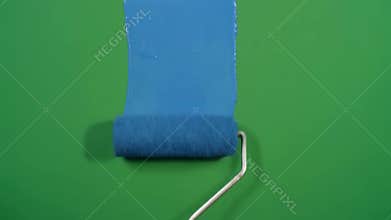 Paint roller smoothly applies vibrant blue paint, covering a vivid green surface during a home renovation or artistic project