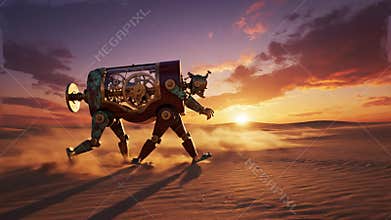 Solitary brass-and-wood automaton trudges across a windswept desert plain at sunset, weathered and mechanical