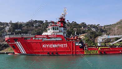 Coastal safety boat docked on Bosphorus, Istanbul, Turkey.