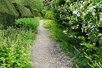 Beautiful stone garden path through vibrant flower borders and manicured hedges in a formal English estate garden