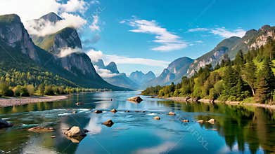 Panoramic natural scenery of mountains, rivers and lakes,Generative AI