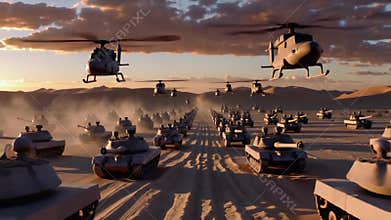 Armored tanks in long convoy advance through sandy desert raising thick dust