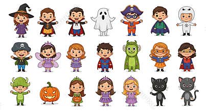 Vector Cute cartoon kids in Halloween costumes illustration set for seasonal design and holiday celebration