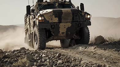 Military armored convoy patrolling in the dusty desert