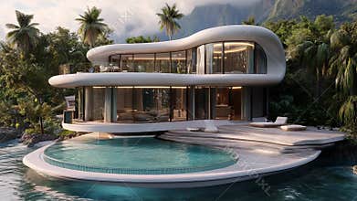 Futuristic overwater bungalow with infinity pool in tropical paradise