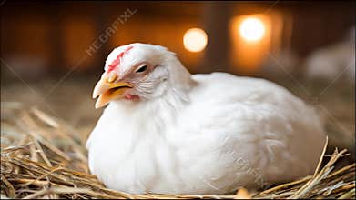Closeup Portrait of a White Broiler Chicken Resting on Straw with Warm Background Bokeh Lights