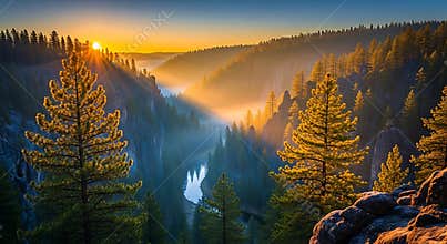 Sunrise over misty forest canyon with river and pine trees light rays