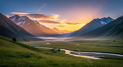 Majestic mountain valley at sunrise with winding river and golden light landscape